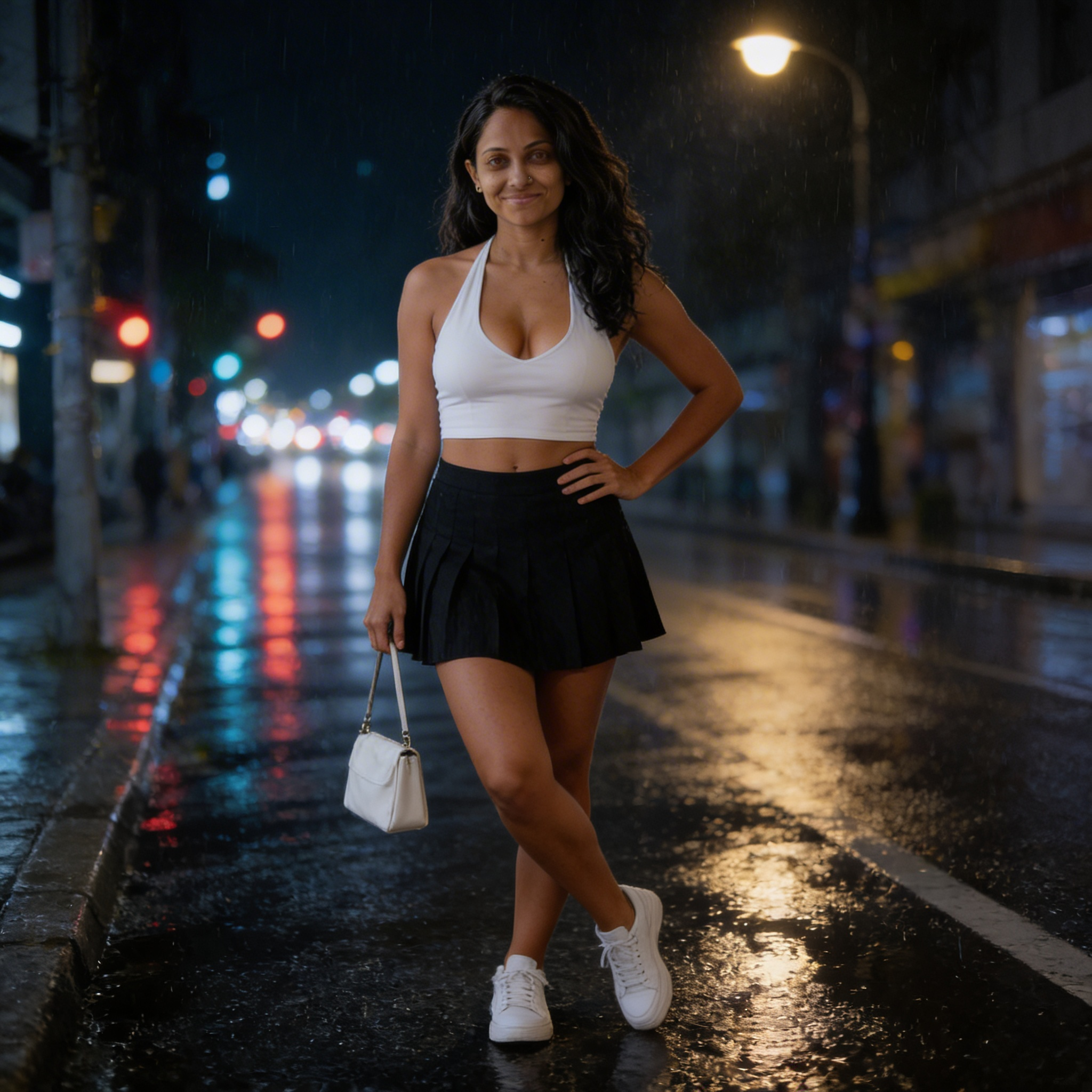 Night street featuring the same Inflova-generated influencer