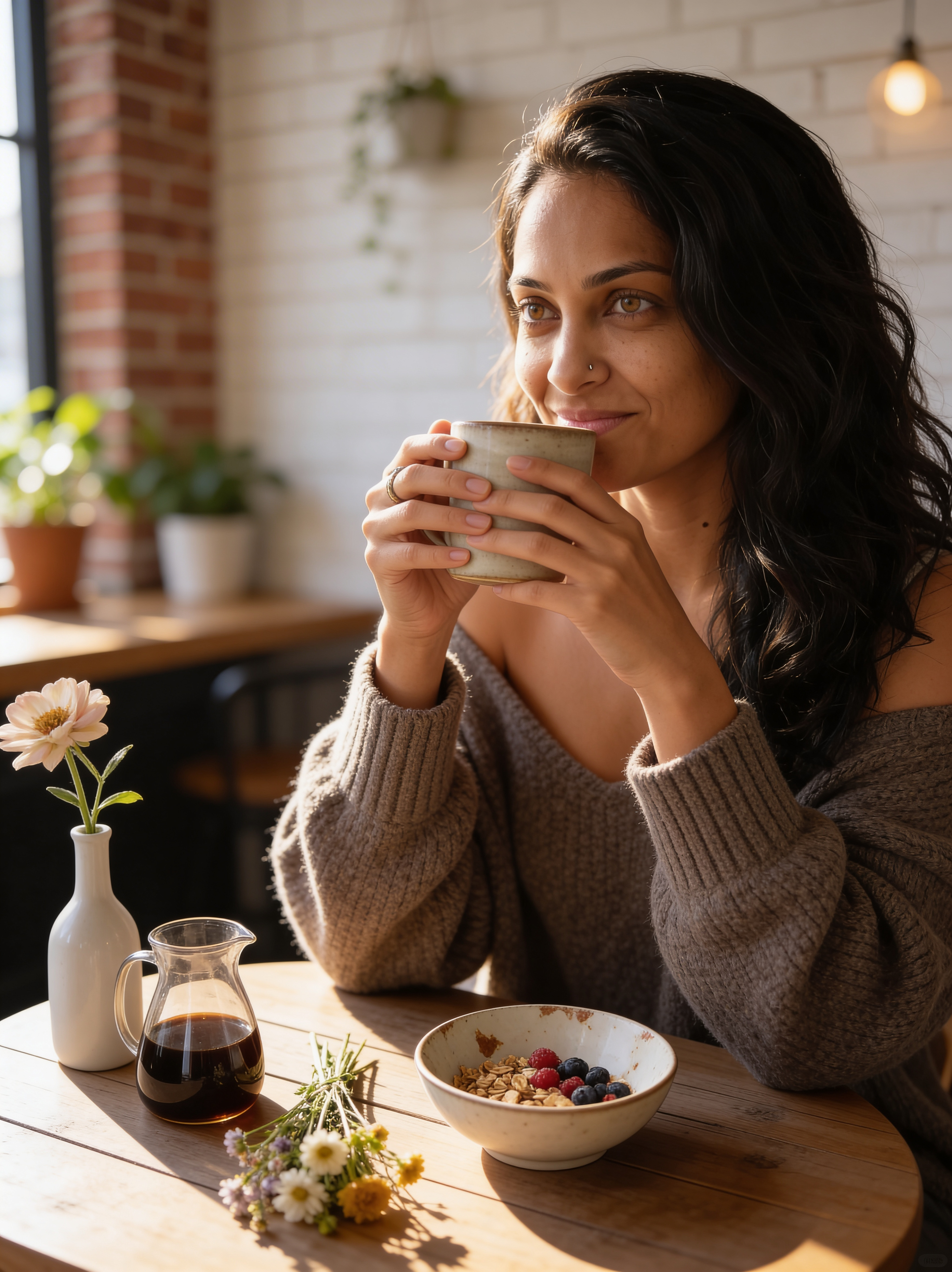 Cafe scene featuring the same Inflova-generated influencer